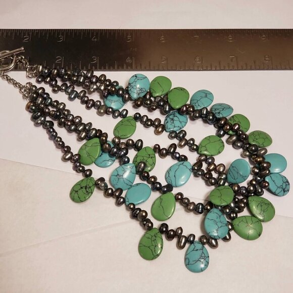Black Freshwater Pearl with Turquoise & Green Howlite Teardrop 3 Strand Necklace - Picture 4 of 7